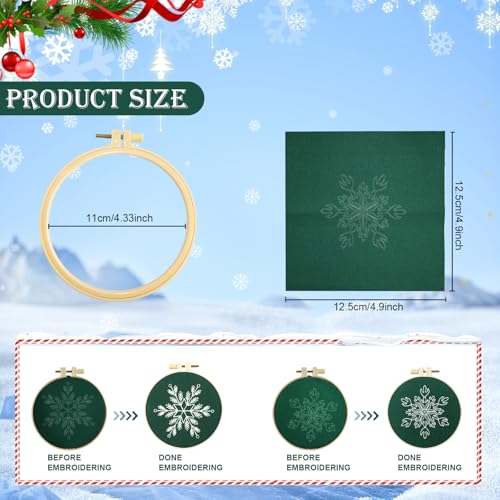 Image of CMINAUS 6 Sets Christmas Embroidery kit for Beginners Adults, Green Christmas Ornament Kit Snowflakes Needlepoint Cross Stitch Kits, Stitch Learning Kit with Needles Ropes Ribbon for Xmas Decorations