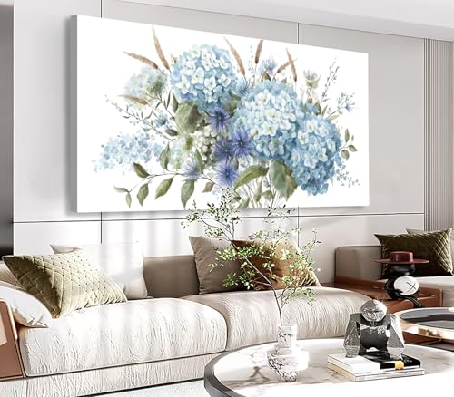 Image of VEAEE Flowers Canvas Wall Art - Blue Floral Canvas Pictures, Living Room Wall Decor, Blue Hydrangea Botanical Canvas Prints Painting Abstract Artwork Bedroom Office Kitchen Home Decoration 29 inchx 58 inch