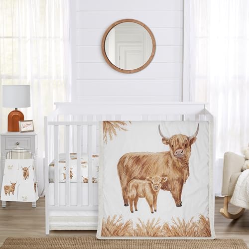 Image of Sweet Jojo Designs 4-Piece Baby Crib Bedding Set (Boho Highland Cow) for Girls /Boys, Infants /Nursery incl. Blanket, Fitted Sheet, Skirt, Diaper Stacker (Taupe Plaid & Farm Animal Watercolor Farmhouse)