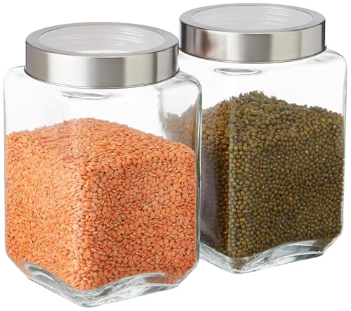 Image of CROCO JAR Square Glass Storage Containers 1750ml | Transparent Airtight Kitchen Jars with Steel Lid | Cubical Glass Jars for Pantry, Snacks, Dry Fruits, Masala, Pickle & Coffee Beans | Pack of 2