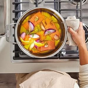 All Clad Simply Strain Stainless Steel Multipot with Straining Lid 6 Quart Induction Oven Broiler Safe 600F Strainer Pasta Strainer with Handle Steamer Pot Cookware Home Pots and Pans Silver