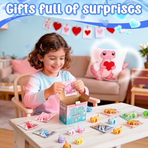 Image of 24 Packs Valentines Day Gifts for Kids Classroom, Funny Valentines Day Card with Axolotl Mochi Squishy Toys, Kawaii Squishy Toys, School Classroom Exchange, Valentines Party Favors