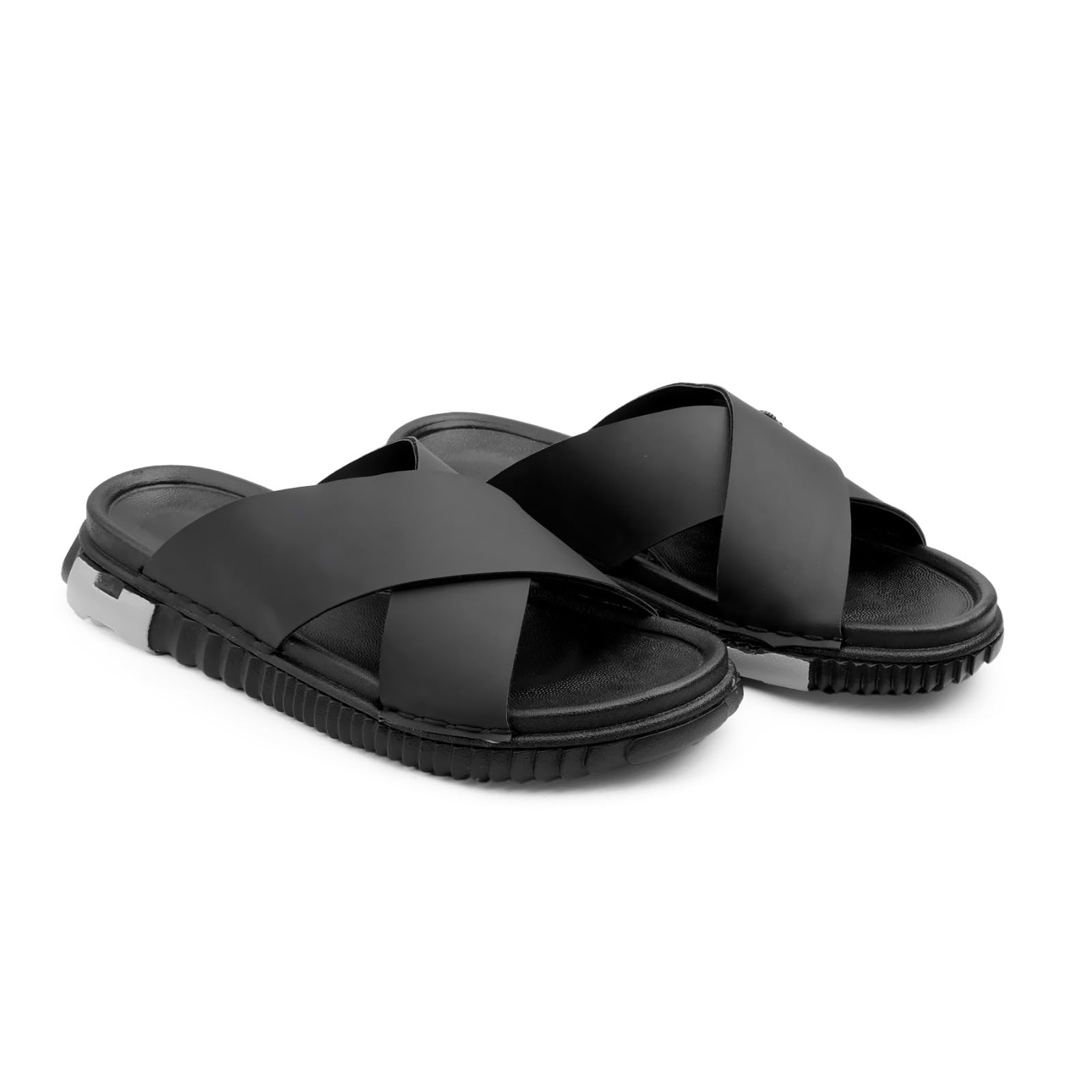 Men's Black Cross Strap Slide Slippers with Chunky Ridged Sole, Casual Open Toe Sandals-image-44