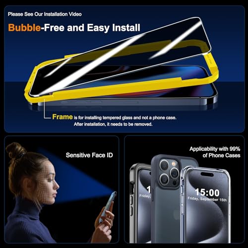 QHOHQ 3 Pack Privacy Screen Protector for iPhone 15 Pro Max [6.7 Inch] with 3 Pack Camera Lens Protector, Anti Spy Tempered Glass Film, 9H Hardness, HD, Bubble Free, Case Friendly - Black by QHOHQ - Image 6