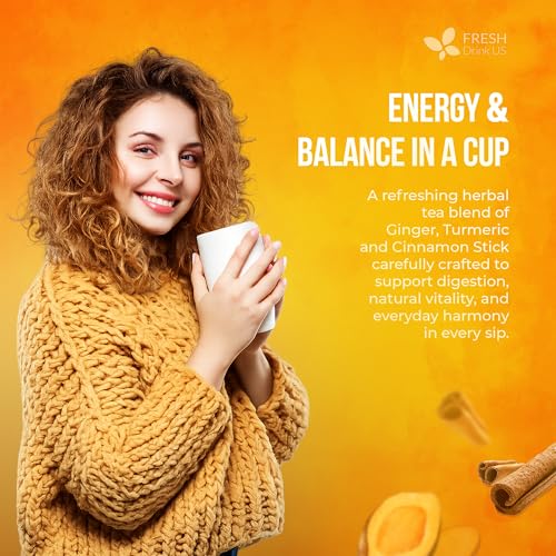 Image of FreshDrinkUS, Premium Turmeric Ginger Cinnamon Tea Bags | 75 Tea Bags | Herbal Spice Tea Blend, Naturally Caffeine Free, Warm & Aromatic Flavor, 100% Natural Ingredients, Convenient Tea Bags