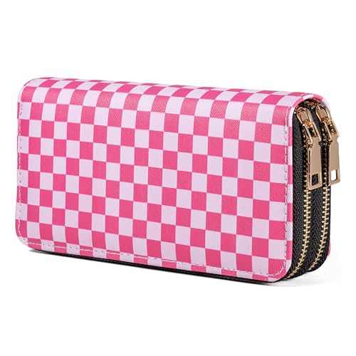 Checkered Wallets for Women Cute Large Capacity Pink Female Plaid Purse 2 Zippers Credit Card Holder