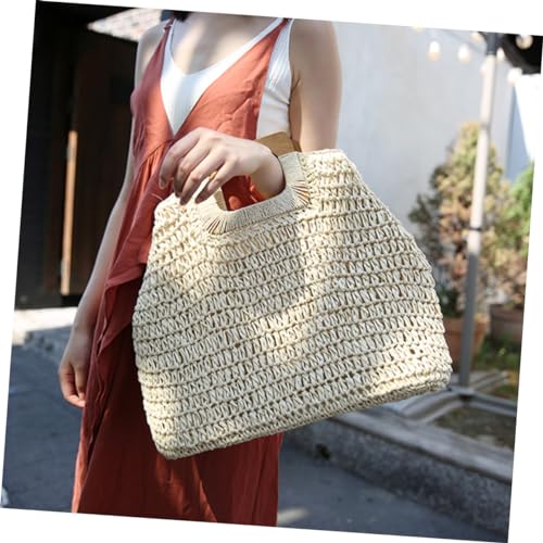 PartyKindom Women Vintage Straw Woven Handbag Stylish Beach Bag for Summer Travel Capacity Tote for Unique Khaki Design for Outdoor Use3