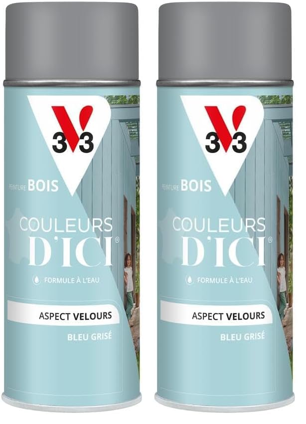 Peinture bois bleu grisé V33 Couleurs d'ICI aérosol contre l'usure des petits meubles