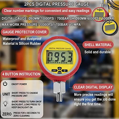 Image of 70M Hydraulic Pressure Test Checker Kit, w / 10000PSI /70MPa Digital Pressure Gauges, 11 Couplings, 2 Test Hoses, Hydraulic Tester Coupling Kit for Excavator Construction Machinery Hydraulic Systems
