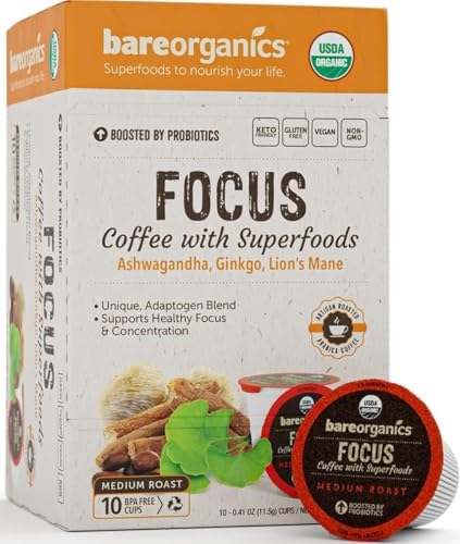Focus Coffee with Superfoods - Organic Probiotic Mushroom Coffee Pods, Supports Healthy Focus & Digestion, Infused with Ashwagandha, Lion's Mane, and Cinnamon - 10 Recyclable Single Serve K-Cups