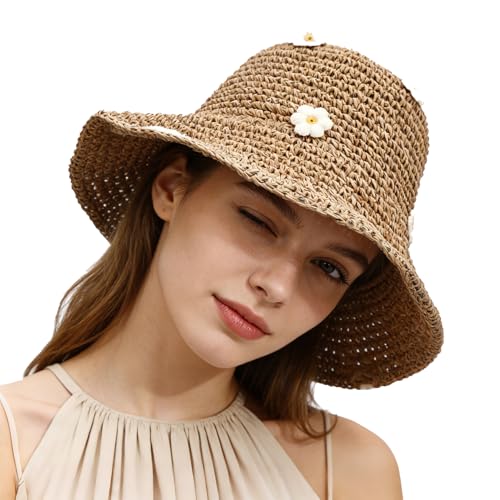 MILAKOO Floppy Bucket Hat Embroidered Daisy Flower Straw Sunshade Hollow Fishing Hat for Outdoor
