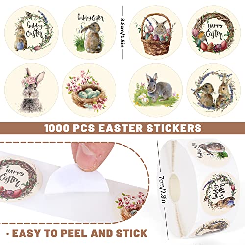 Whaline 1000Pcs Easter Stickers Roll Watercolor Rustic Bunny Round Stickers Rabbit Egg Pattern Label Self-Adhesive Stickers For Easter Holiday Party Boxes Cards Seal Envelopes, 8 Design #TOP1