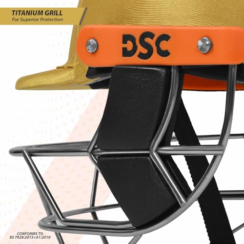 Image of DSC Empra Titanium BSI Approved Professional Cricket Helmet | BS7928 Certified Pro-Standard Hard Ball Helmet with Ultra-Light Titanium Grill & Advanced Shock Absorption | Color: Gold | Size: M
