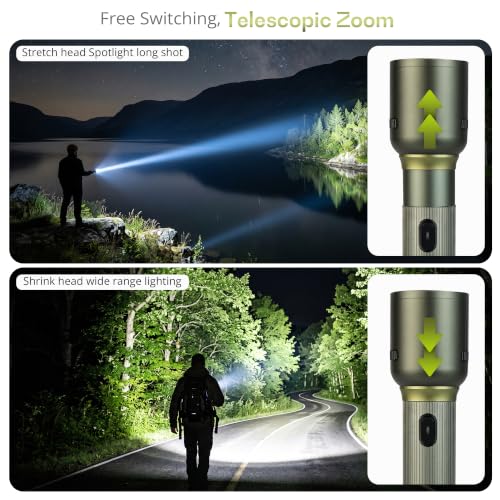 Image of IBELL LUMINEX 600 Rechargeable Torch Light High Power, 6000 mAh Flashlight, 3 Light Modes, Telescopic Zoom, Type C Charging, LED, Super Bright for Home, Outdoor & Emergency Use (Green)