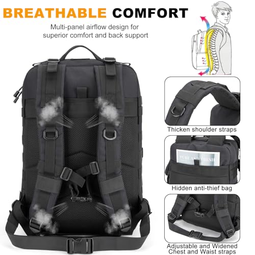 Tactical Backpack 45L Army Military Rucksack, Water Resistant MOLLE EDC Pack, Large 3 Day Bug Out Bag for Men & Women, Durable Outdoor Gear for Hiking, Camping, Hunting, Fishing,Travel (Black) - Image 5