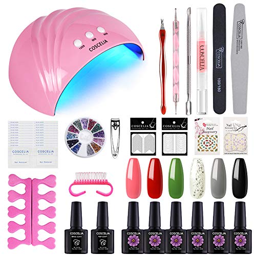 COSCELIA Gel Nail Polish Kit with UV Light Starter Kit - 6 Colors Glitter Gel 24W Nail Lamp Nail Polish Remover Wrap Manicure Tools