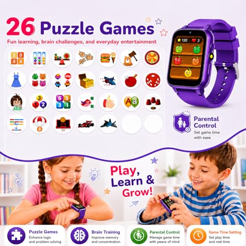 Image of Smart Watch for Kids, Girls Boys Smartwatch with 26 Games Camera Video Recorder and Player, Pedometer Calendar Flashlight, Audio Book etc., Gifts for 4-12 Years Children (Purple) | 26 Games, HD Touch Screen, Video Camera, Music Player, Alarm