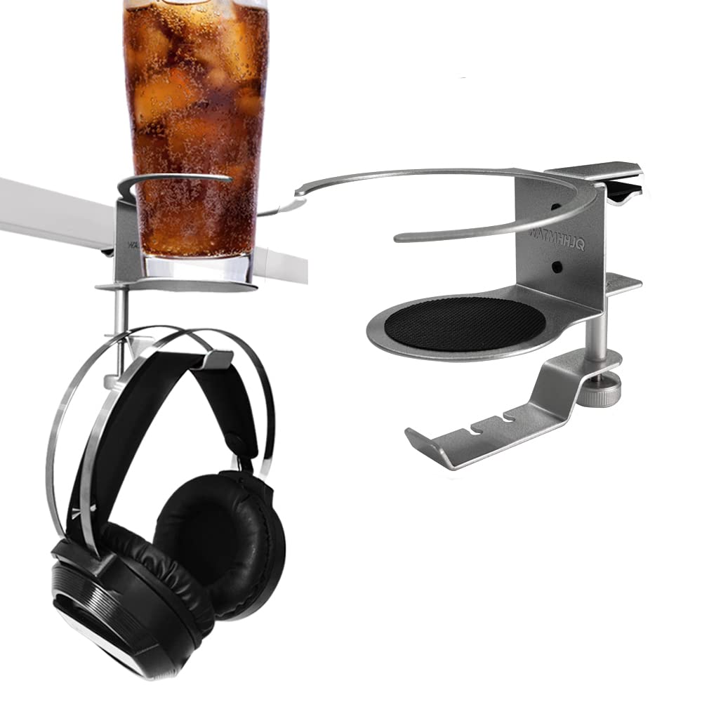 Hoofdtelefoonstandaard, headsethanger, drankhouder, houder van aluminiumlegering, 360 graden draaibare houder, pc-gaming-headset-standaard, onder het bureau, rugzakhanger, zilver