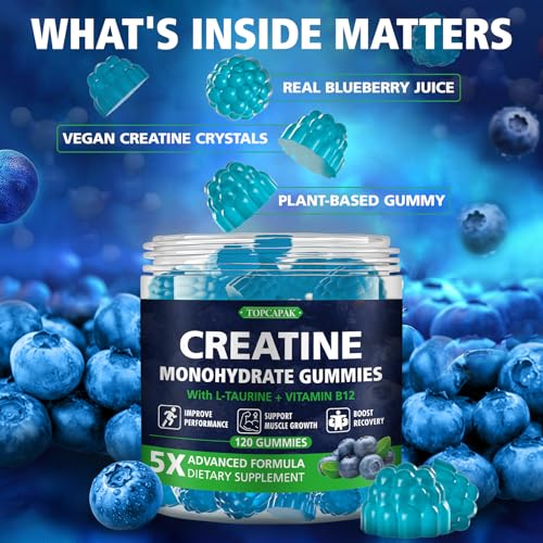 Image of Creatine Monohydrate Gummies for Men & Women - Blueberry Flavor, Raspberry-Shaped - 60 Gummies