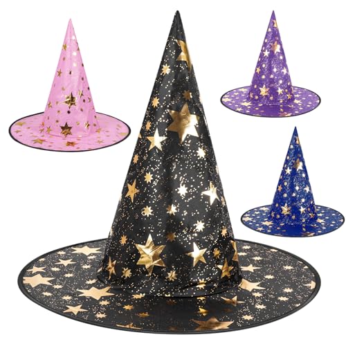 Xindinwland 4pcs Witch Hat Witch Hats for Women Star Print Wizard Hat for Decoration Adults Halloween Party Supplies