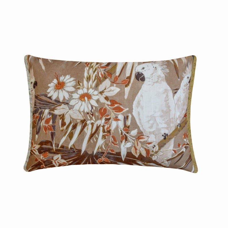 The HomeCentric Fall Home Decorative Lumbar Cushion Covers Brown 30x45 cm (12"x18") Cotton Cotton, Cockatoo, Bird printed cotton, Lace Cushion Covers, Bird Contemporary Style - Autumn Cockatoo โ image 1