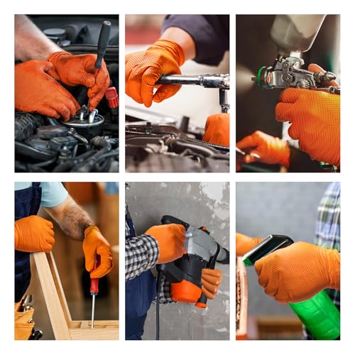 10mil Nitrile-Gloves Disposable-Orange Chemical-Resistant Rubber - Mechanic Gloves Heavy Duty Latex Free Diamond Grip (100, Large)