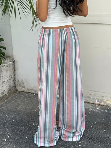 ZAFUL Womens Pants Elastic Waist Striped Drawstring High Waisted Wide Leg Linen Trendy Beach Palazzo Pants for Women Casual3