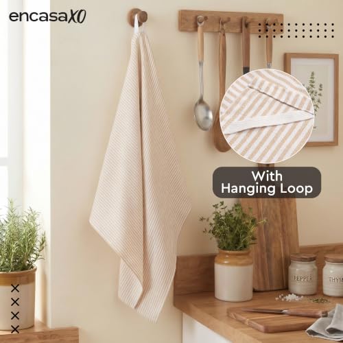 Image of Encasa XO Kitchen Towels Cotton Pack of 4 | 70x45 cm, Ticking Beige - Dish Cloths | Highly Absorbent Cleaning & Wiping Cloths for Kitchen | Reusable Tea Towels