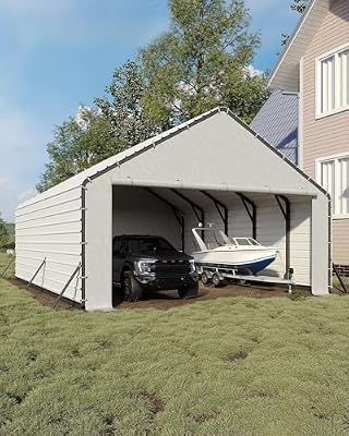 20ft Wide Heavy Duty PE Carport – Waterproof Outdoor Garage Shelter for Car, Truck, Boat with Removable Sidewalls, White