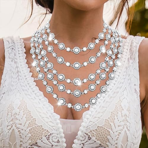 Jeairts 1920s Layered Rhinestone Collar Necklace Silver Sparkly Crystal Bride Wedding Necklaces Jewelry for Women4