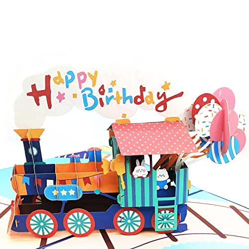 Pop-Up-Karte - Happy Birthday Train, Upgrade handgefertigte 3D-Popup-Geburtstagskarten mit einzigartigem Etikett und Umschlag | 15 x 20,1 cm Cover