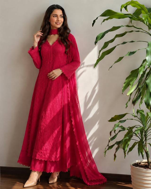 Image of Women Embroidered Straight Kurti with Palazzo And Dupatta Set | Elegant Ethnic Wear Kurta Set | V-Neck Long Sleeve Kurti | Stylish Casual, Festive & Wear for Women