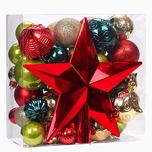 Christmas Ornaments Set, 52 Pack Red Green Gold Christmas Tree Ornaments Set With Shatterproof Hanging Decorative Baubles And Star Tree Topper Christmas Decoration For Tree Home Office Party Holiday #TOP16