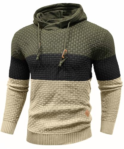 HYPESTFIT Mens Hoodies Pullover Long Sleeve Hooded Colour Block Knitted Sweatshirt Top Casual
