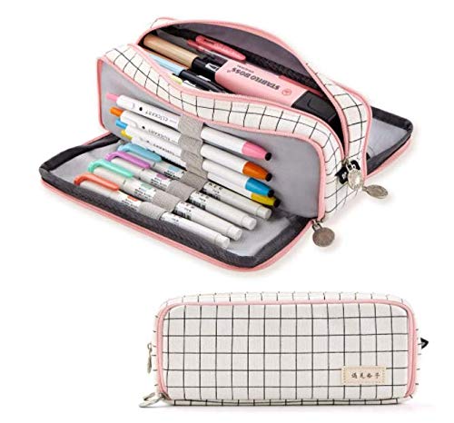 Estojo grande para lápis da Angoobaby, 3 compartimentos, bolsa lápis de lona para adolescentes, meninos, meninas, estudantes., Pink Strip Black Grid, 1