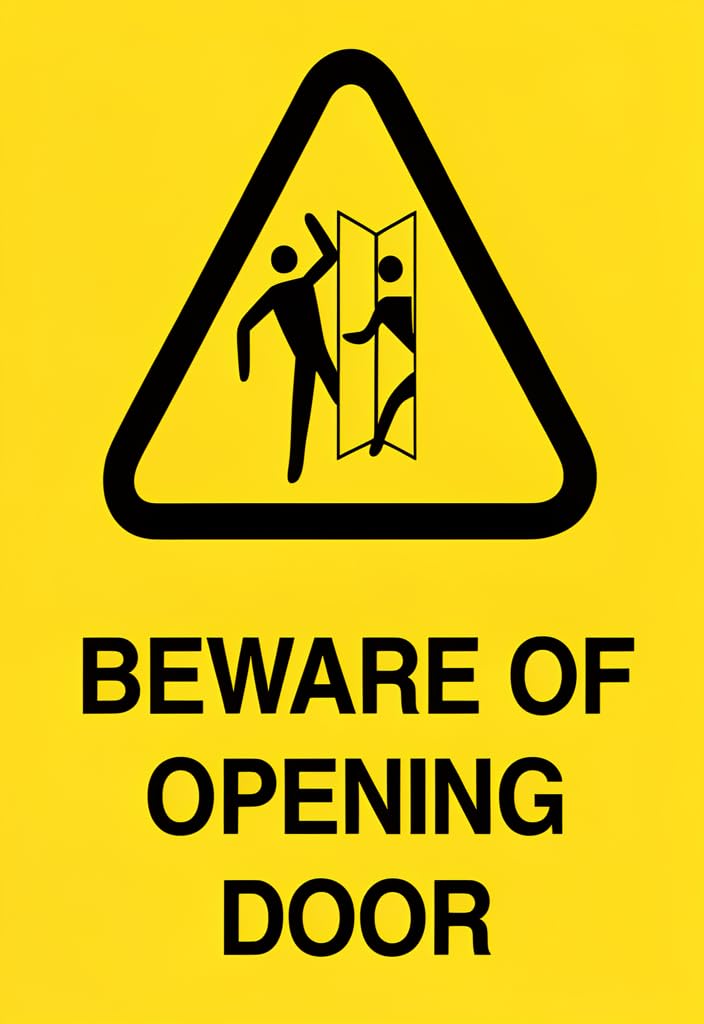 peiyeety Beware of Opening Door Tin Sign 12x8 Inch, Yellow Warning Plaque with Black Triangle Graphic, Funny Safety Metal Wall Decor for Home, Office, Garage, Workshop, Man Cave Gift