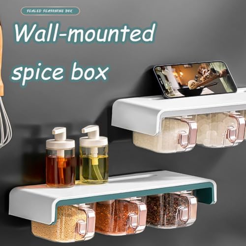 Spice Storage Box with Spoon,Seasoning Storage Box,Spice Containers Rack,Wall-Mounted Spice Box Set,Large Capacity Spice Box,Kitchen Spice Containers for Salt,Pepperr,Sugar,Green