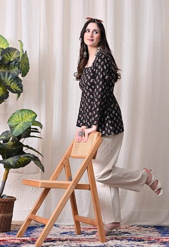 Image of MEERA FAB Women's Floral Printed Cotton Short Kurta Square Neck | Floral Printed Kurta with Full Sleeves | Short Kurti for Women