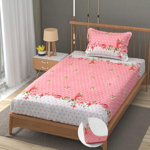 Image of Premium Heavy Cotton Elastic Fitted Bedsheets with 1 King Size Pillow Covers | Single Bed with All Around Elastic 350 TC | 36 x 78 x 6 Inch Single Size Fitted | - Pink Dot