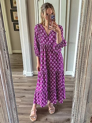 Image of miduo Womens Loose Fit Casual Summer V Neck Half Sleeve Bohemian Geometric Pattern Maxi Long Dresses
