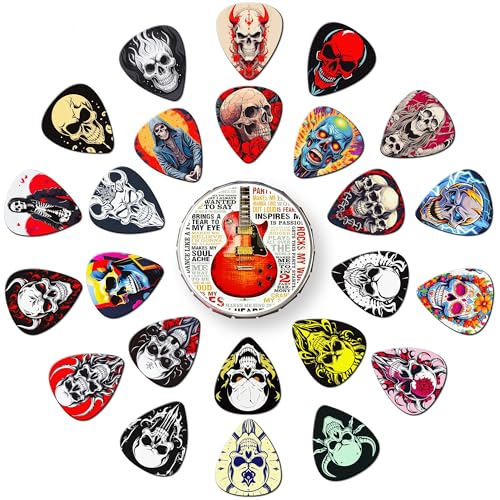 Guitar Picks Skull, 24 Pack Skeleton Guitar Pick 0.46 0.71 0.96 1.20mm Thin, Medium, Heavy Guitar Pics,Guitar Pick Variety Pack,Skull Guitar Picks for Acoustic Electric Guitars Bass (Set-11)