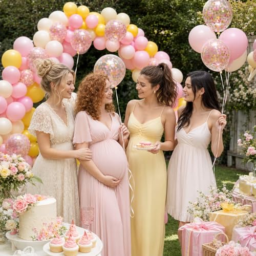 Image of Pink and Yellow Balloons, 60 Pcs 12 Inch Light Pink Hot Pink Yellow Ivory Balloons with Pink Gold Confetti for Birthday Baby Shower Graduation Decorations