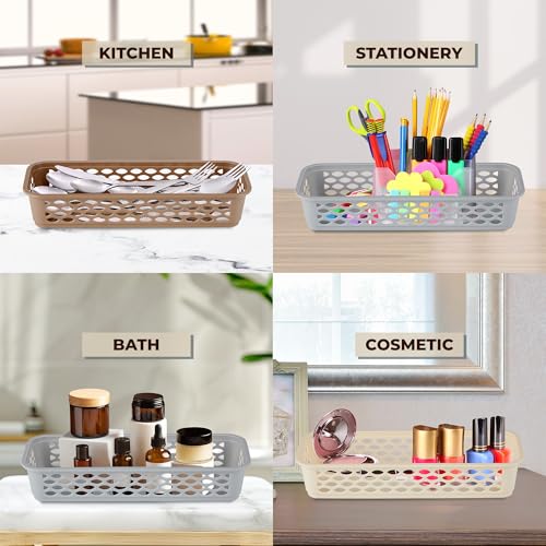 Image of RATAN PLASTICWARE Diana Tray Rectangular-Narrow (Pack of 6) Plastic Storage for Desk Basket /Organizers for Stationery, Jewellery, Tools,Kitchen, Office- Lt Brown /Daiso Grey /Twist Beige