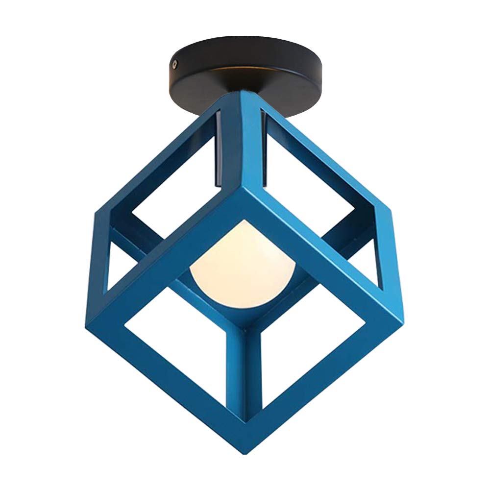 iDEGU Lámpara de Techo Vintage de Estilo Geométrico Retro Lámpara Colgante en Forma de Cubo de Metal Retro E27 Iluminación de Techo Interior para Dormitorio Salón Restaurante, 16 cm, Azul