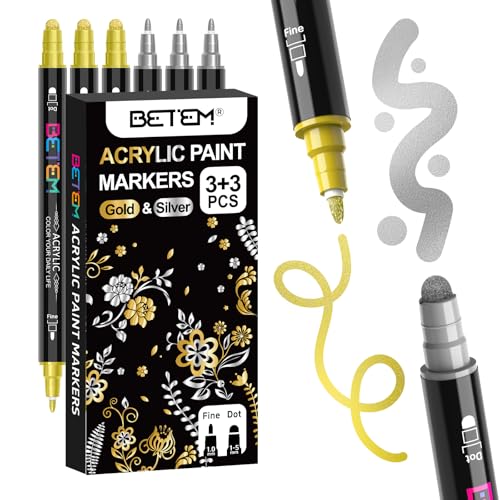 Image of Betem 6 Gold&Silver Dual Tip Acrylic Paint Markers, Fabric Decorating Kits Premium Water-Based Acrylic Paint Pens Art Supplies for Fabric, Rock, Wood, Glass, Canvas, Ceramic, Teacher Appreciation Gift