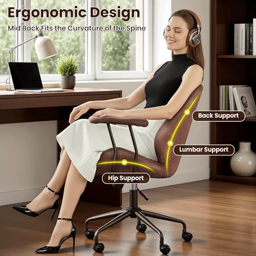 Image of ovios Ergonomic Office Chair, Mid Back Faux Leather Executive Chairs with Armrests, Comfy Mid-Century Modern Swivel Rolling Computer Armchair (Dark Brown, Suede Leather)