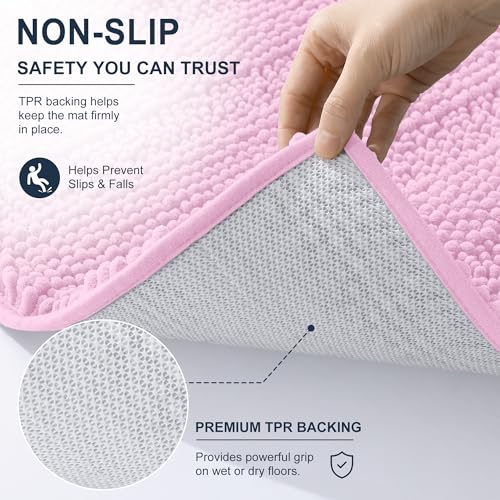 Image of Smiry Thick Chenille Bathroom Rugs 30x20, Extra Soft Absorbent Striped Bath Mat, Machine Washable, Rubber Backing, Bath Rugs for Bathroom, Tub & Shower, Modern Home Decor Accessories, Pink