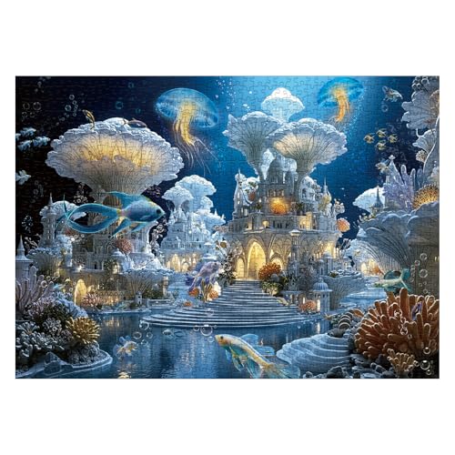 Puzzle Fantasy Ocean para Adultos 1000 Piezas Castillo de Hongos Naturaleza, Peces Mágicos, Medusas, Rompecabezas de Arte Difícil y Desafiante