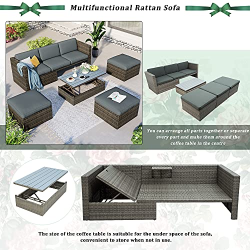 Godafa 5-Piece Outdoor Patio Furniture Set, Pe Rattan Conversation Sectional Sofa With Adustable Backrest, Cushions, Ottomans And Lift Top Coffee Table For Backyard Porch Poolside, Gray #TOP5