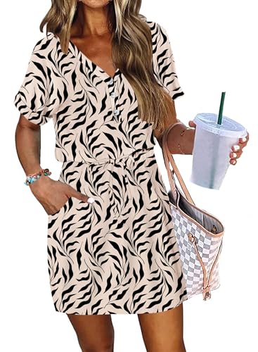 AUSELILY Womens Summer Dress 2025 Casual Short Sleeve Sundress V Neck Tie Button Beach Swing Dresses with Pockets2
